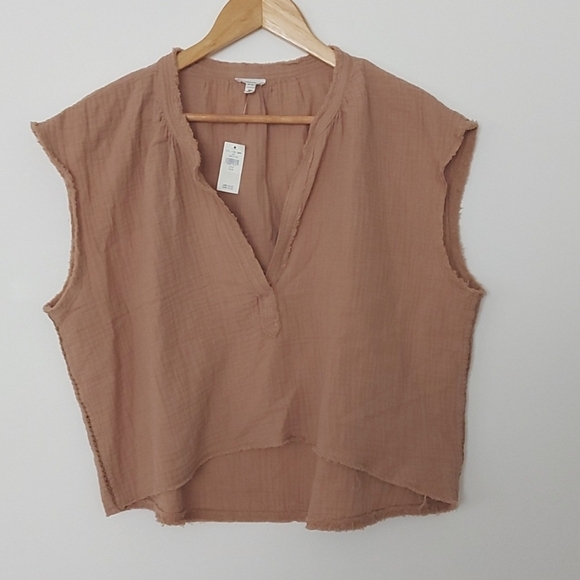 NWT Aerie Gauzy 100% Cotton Sleeveless Crop Top Frayed Light Brown Size Medium - Picture 2 of 8